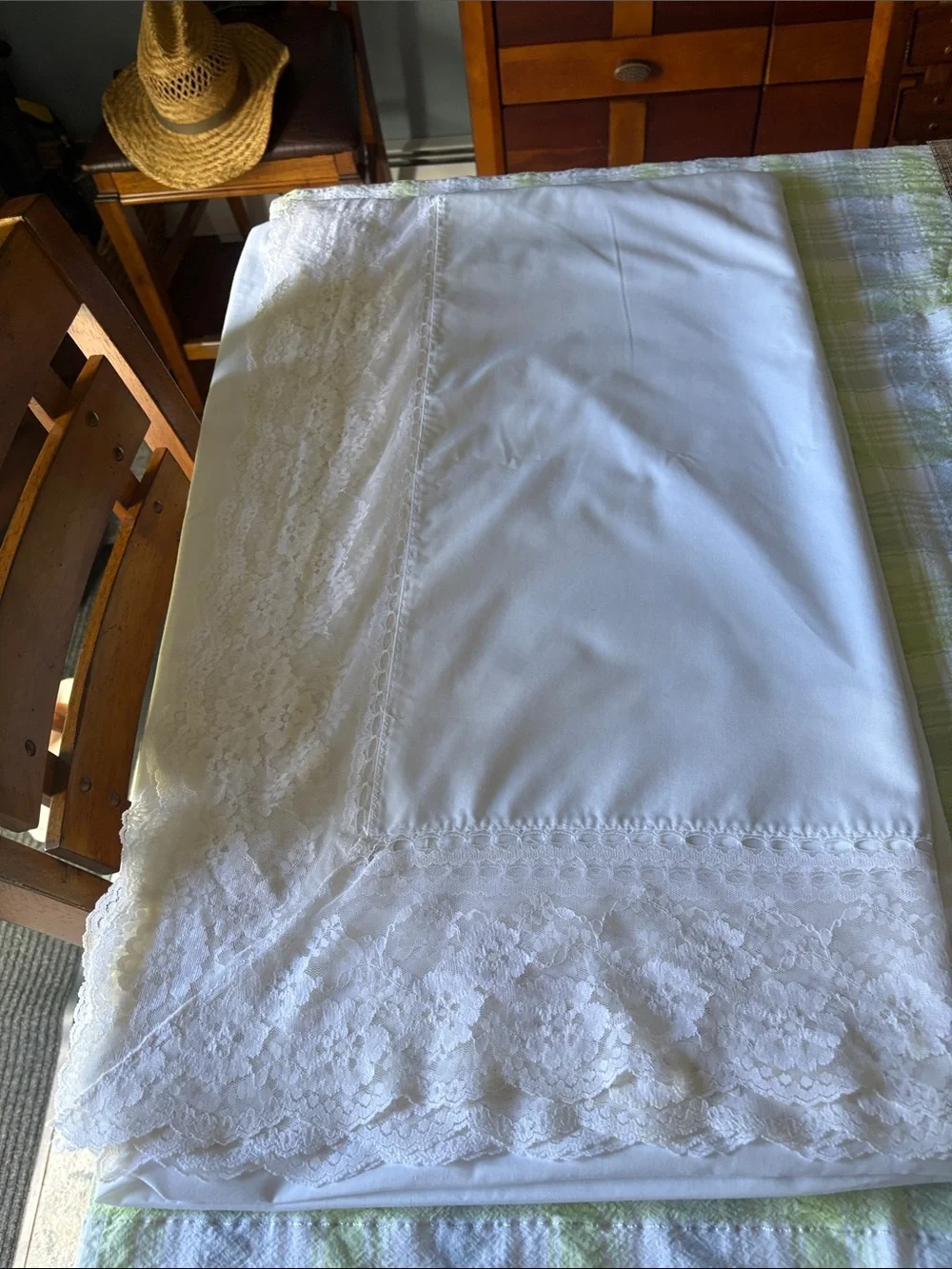 68” wide x 116” Long White Lace-Trim Table Linen